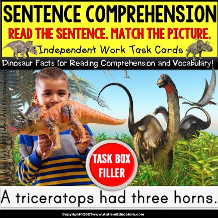 SENTENCE COMPREHENSION Vocabulary Word Knowledge Task Box Filler Activities | DINOSAURS